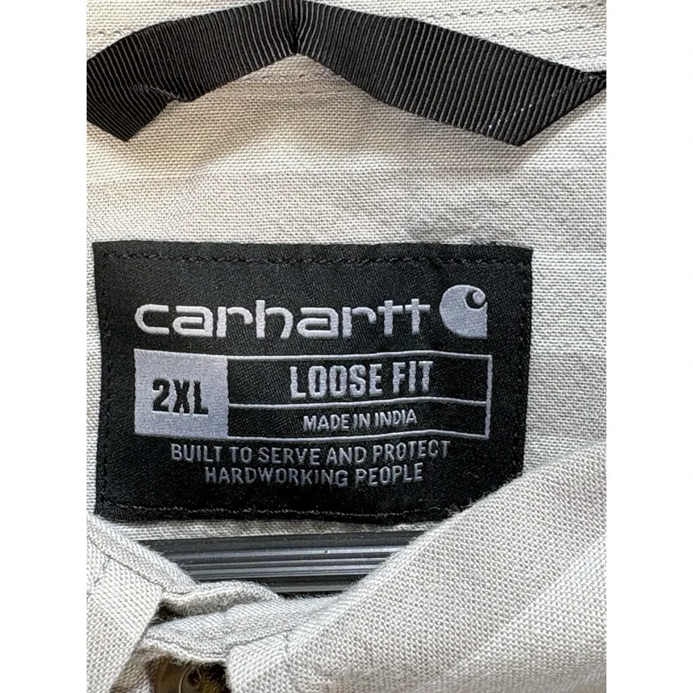 Carhartt Men's 2XL Shirt Gray Strips Button Down Workwear Loose Fit Short Sleeve